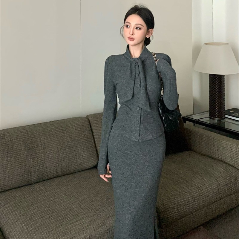 F23180 women's clothing high-end spring clothing temperament lady style design sense lace long-sleeved top skirt fishtail long skirt