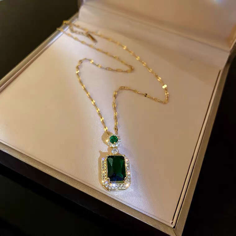 Designer jewelry for women Square zircon jade high-end luxury geometric titanium steel necklace retro niche design high-end temperament necklace ring 