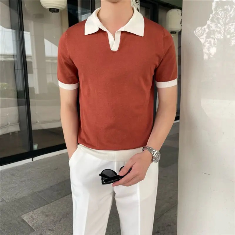 Summer Lapel Breathable Short Sleeve Temperament Mens Clothing Slim Korean Version Solid Color Trend Knitted POLO Shirt 250222