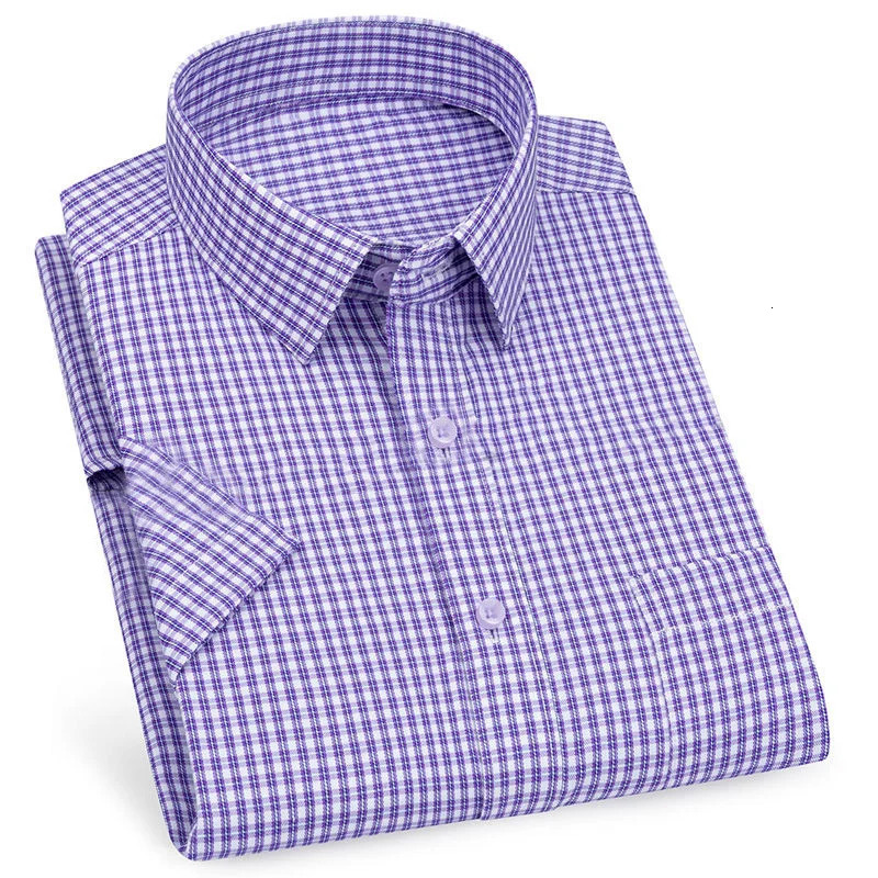 Mens Business Casual Short Sleeve Shirt Classic Plaid Striped Checked Male Social Dress Shirts Purple Blue 5XL Plus Large Size 250222