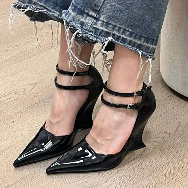Elegant Red Patent Leather Wedges High Heels Women Sexy Pointed Toe Pumps Fashion Double Buckle Strap Ladies Party Dress Shoes