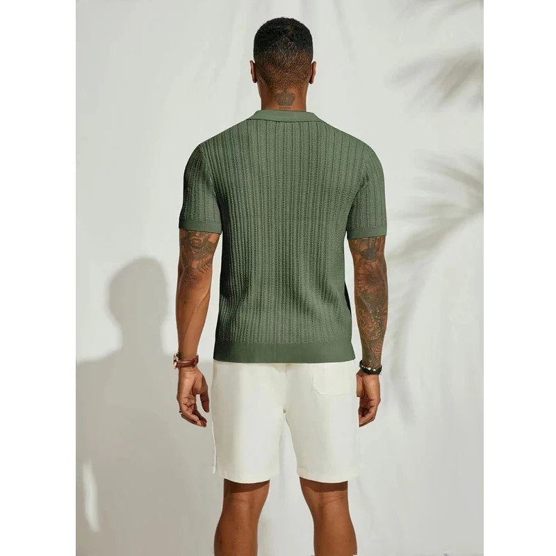 Summer Short Sleeve Mens Polo Shirts Fashion Solid Striped Loose Cardigan Turn Down Collar Shirt Male Casual Knitted Polos Top 250222