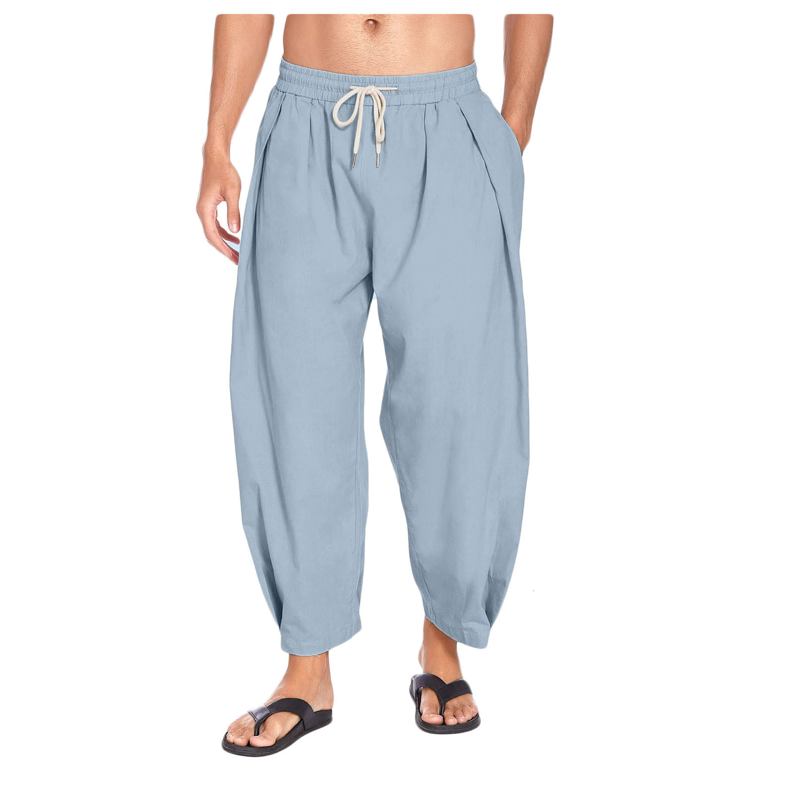 2025 Men's New Designer Cotton And Linen Halan Pants With Drawstring Casual Cropped Pants Lightweight Loose Breathable Beach Yoga Pants With Cuff