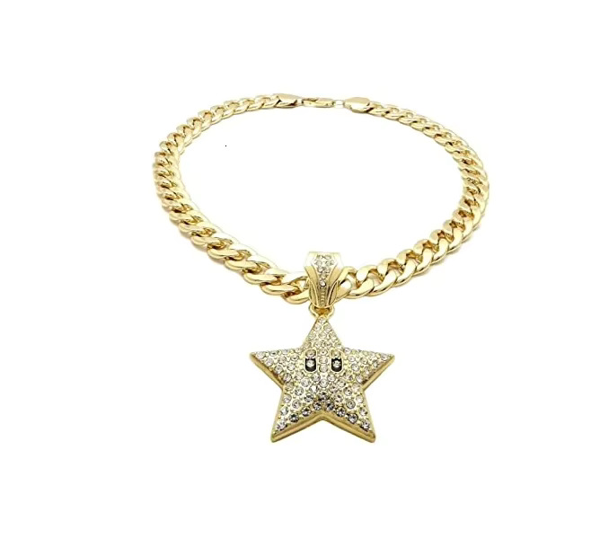 Hip Hop Iced Out Mario Star Gold Pendant Real Dia Necklace & 11mm 18" Cuban Chain for Your Boyfriend