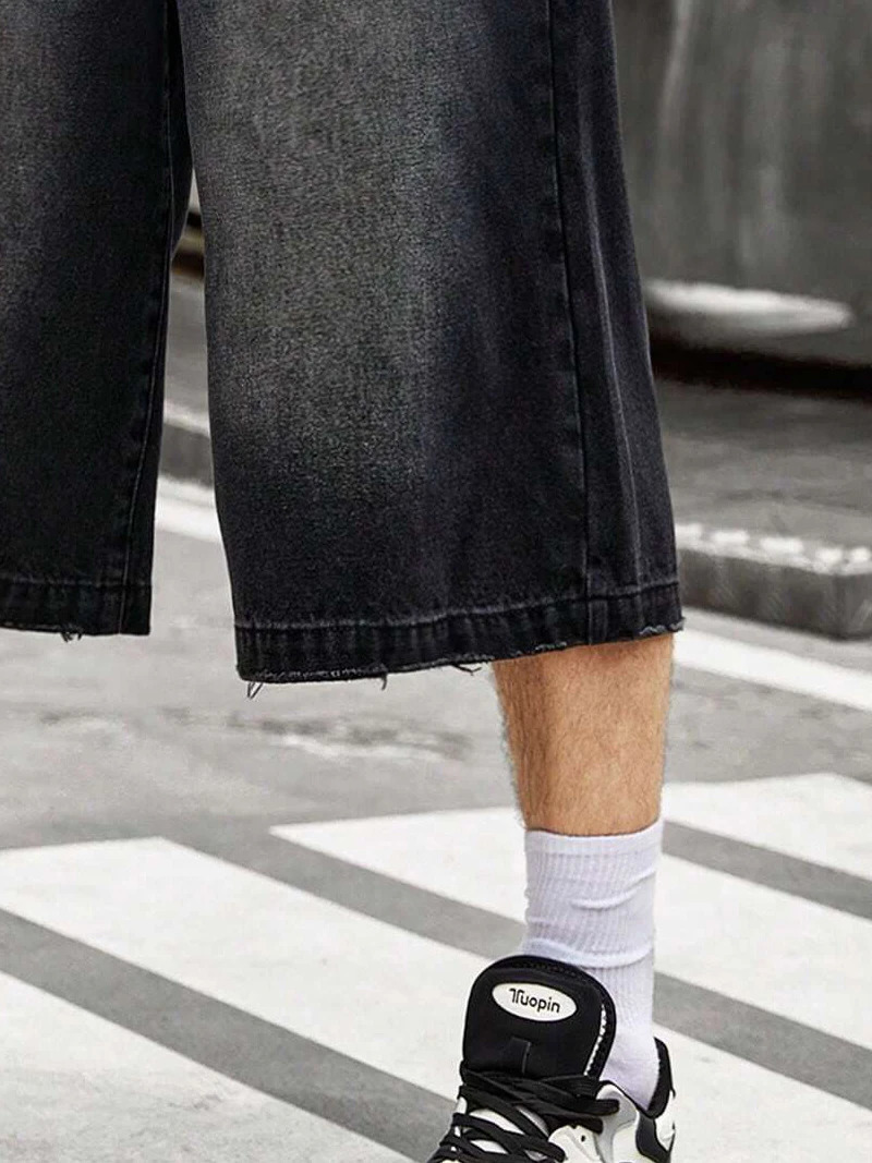 ReddaChic Men Streetwear Baggy Jorts Low Waist Cropped Black Jeans Distressed Y2k Casual Wide Pants Denim Shorts Male Trousers 250222