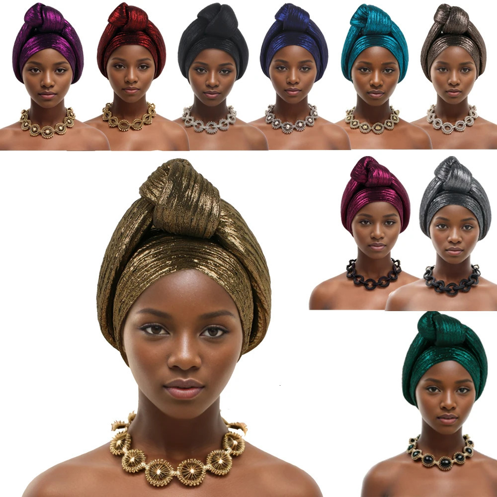Glitter Fabric Knoted Turban Cap Womens Head Wraps African Auto Gele Headtie Nigeria Party Headwear Turbante Mujer 250221