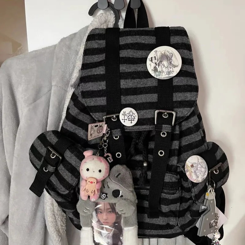 Striped Korean Casual Backpacks Drawstring Y2k College Student Bags Large Capacity Versatile Backpacks Womens Bags 250318