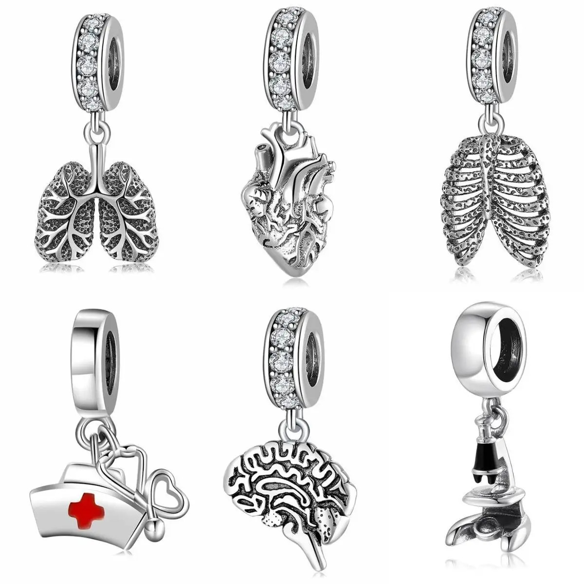 925 Sterling Silver Nurse Hat Heart Brain Lungs Ribs Pendants Beads Fit Charm Silver 925 Original Bracelet Fine Jewelry Making 250214