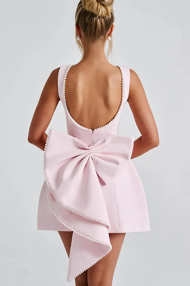 Spring Summer Women Pearl Bow Backless Sexy Mini Dress Fashion Zipper Sleeveless High Waist A-line Club Party Outfit 250222