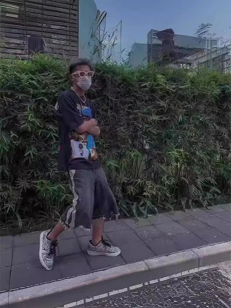 Men Vintage Bone Blue Denim Shorts Summer Casual Loose Jeans Shorts Retro Harajuku Streetwear Hip Hop Y2K Shorts Man y2k pants 250222