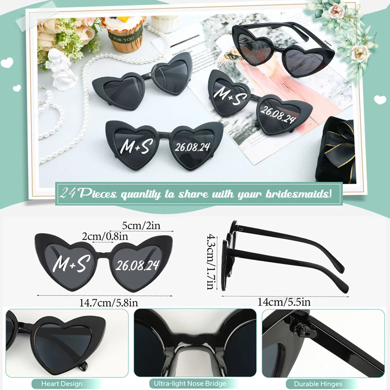 24-120Pcs Custom Heart Sunglasses Personalised Wedding Sunglasses Bridal Party Favors for Guest Wedding Date Initials Custom 250222