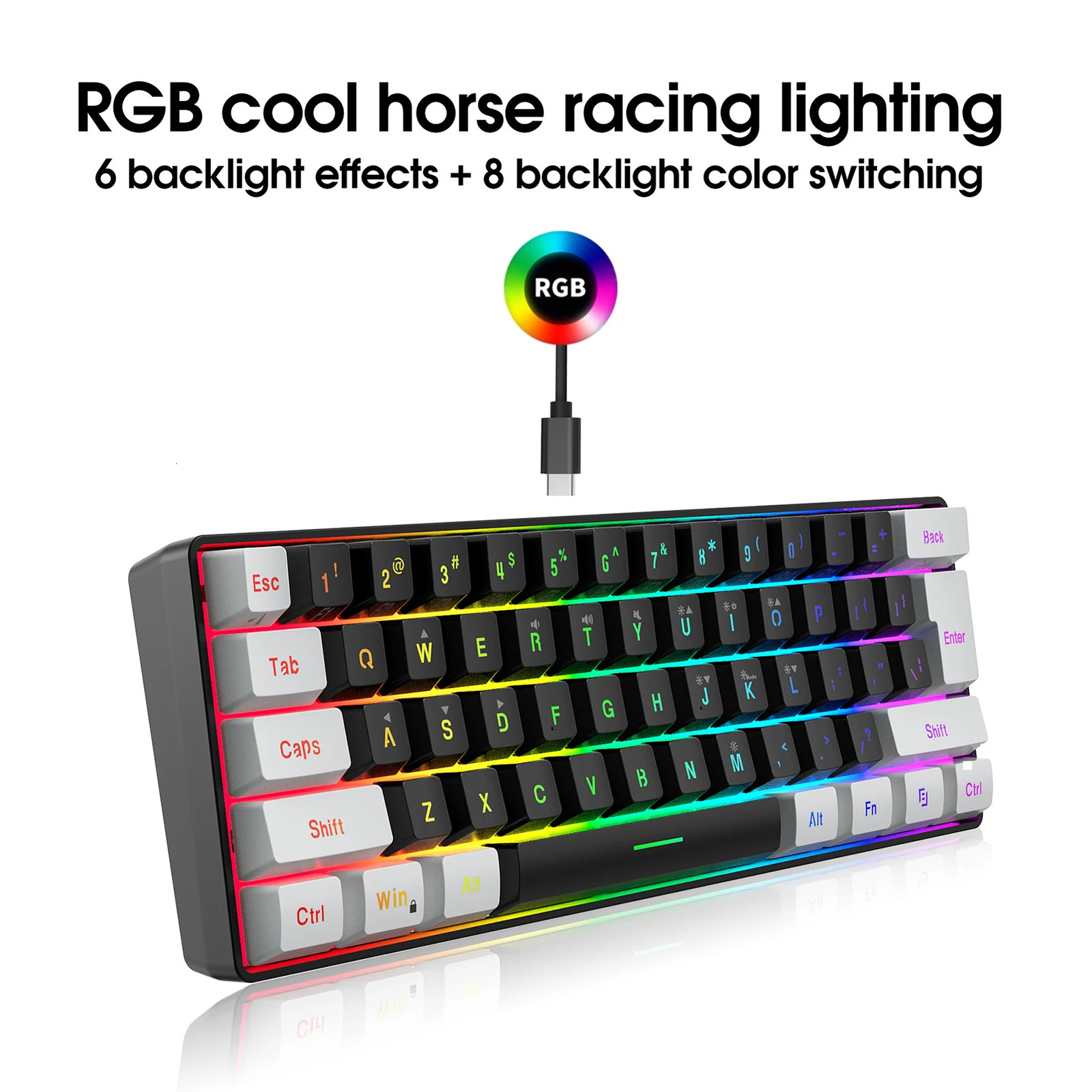 HXSJ V700BW A869 USB keyboard and mouse kit 61 key wired RGB backlit computer color LED lighting 3200DPI gaming 250213