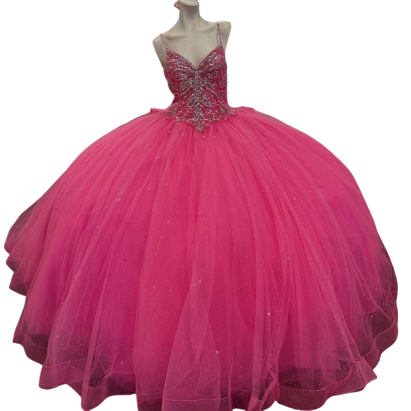 2025 Sparkly Crystals Beaded Quinceanera Dresses Hot Pink Spaghetti Ball Gown Vestido De 15 Anos Back Bow Corset Princess Sweet 16 Dress