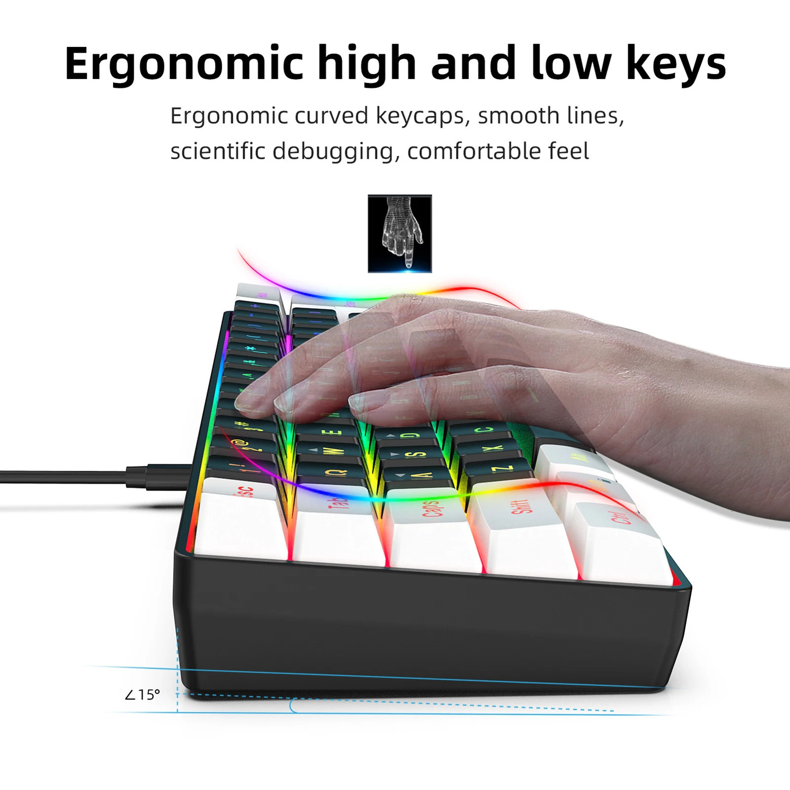 HXSJ V700BW A869 USB keyboard and mouse kit 61 key wired RGB backlit computer color LED lighting 3200DPI gaming 250213