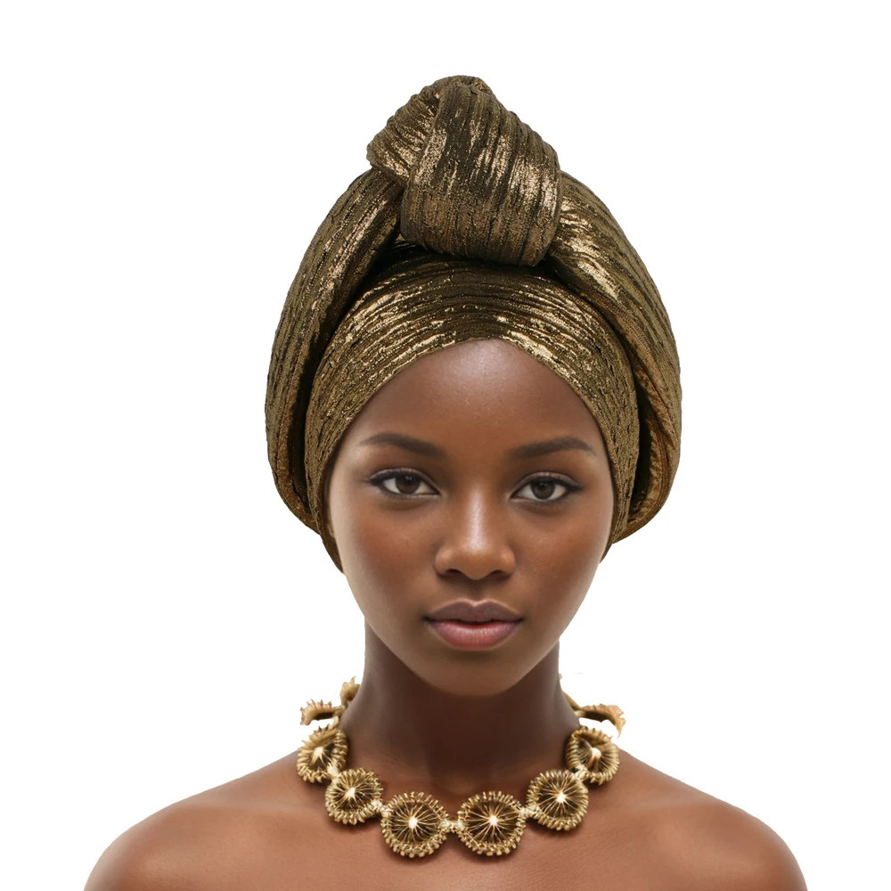 Glitter Fabric Knoted Turban Cap Womens Head Wraps African Auto Gele Headtie Nigeria Party Headwear Turbante Mujer 250221