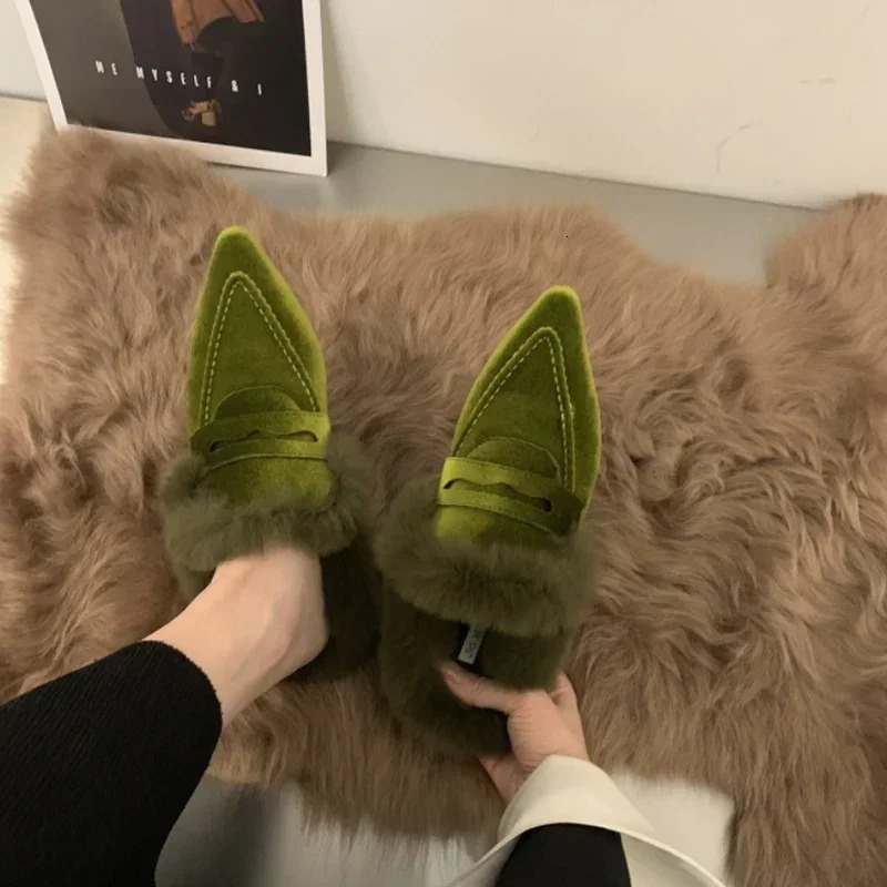 Women Velvet Mules Pointy Toe Slipon Fur Sandals Ladies n Outdoor Furry Slides Evening Party Heeled Shoes 250218