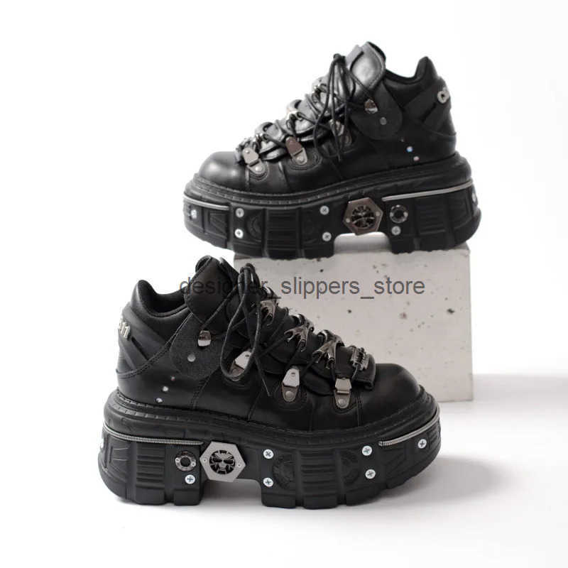 Casual Shoes 2024 New Punk Style Lace-up Heel Height 8 CM Platform Shoes Woman Gothic Ankle Rock Boots Metal Decor Woman Sneakers Men Q250223