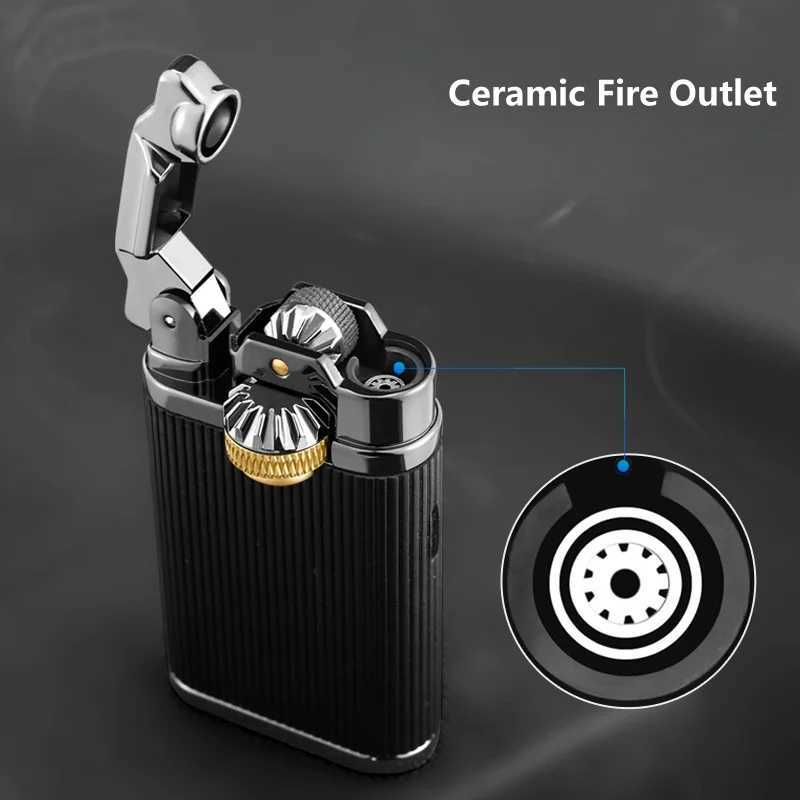 Vintage Mechanical Leather Butane Gas Lighter Metal Blue Flame Torch Spray Lighter Outdoor Windproof Portable Cigar Lighter Y250222