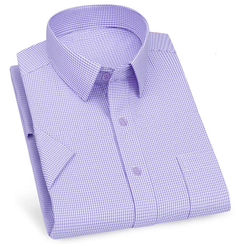 Mens Business Casual Short Sleeve Shirt Classic Plaid Striped Checked Male Social Dress Shirts Purple Blue 5XL Plus Large Size 250222