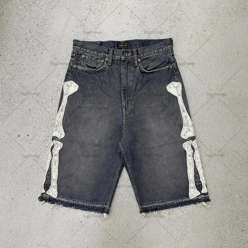 2024 European and American Summer Retro Skeleton Denim Shorts Sports Casual Couple Wear Street FiveFifth Pants 250222