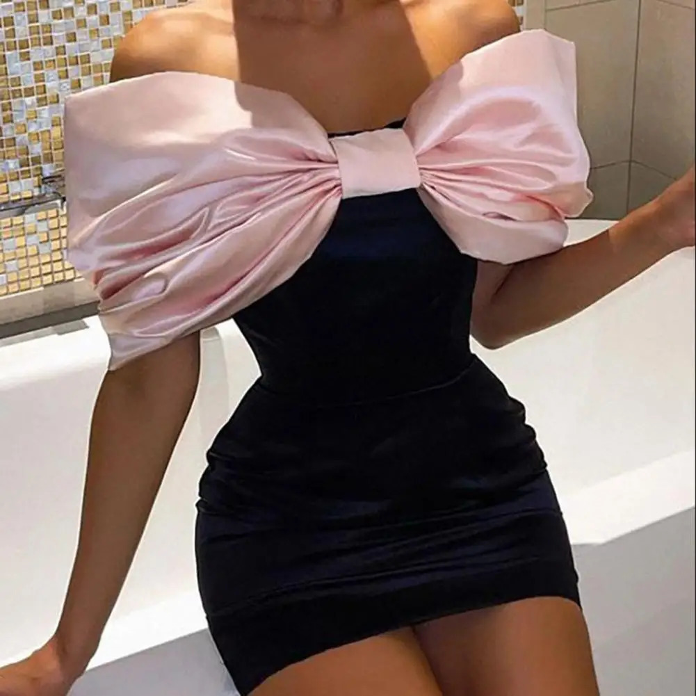 Extra Large Bow Tie Women Mini Dress Chic Bow Knot Sexy Off Shoulder Backless Cocktail Party Ladies Short Bodycon Dress 250222