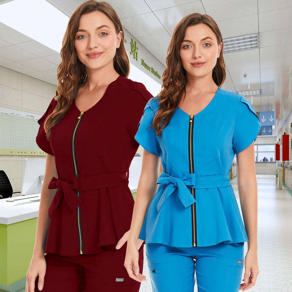 Korean Style Beauty Salon Work Clothes Operating Room Uniform Uniform Women Slim Belt Scrub Tops Clinical Work Blouse 250222