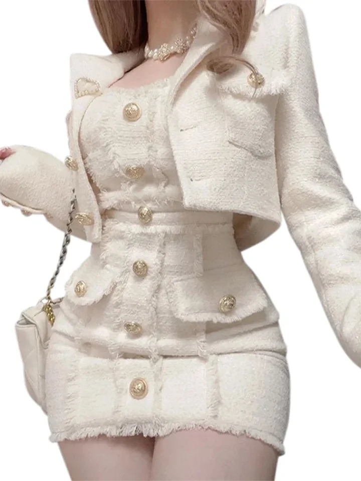 Coarse Tweed Woven Coat Jacket Skirt Two Piece Sets Vintage Elegant Short Overcoat Waist Cinching Slim Fit Women Wrap Hip Skirts 250222