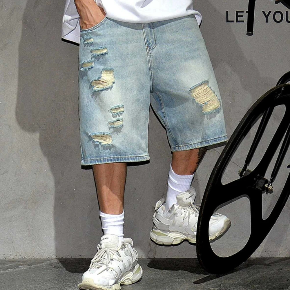 Summer High Quality Vintage Ripped Denim Shorts MenS Clothing Hip Hop Jorts Streetwear Blue Shorts Korean Fashion Baggy Jeans 250222