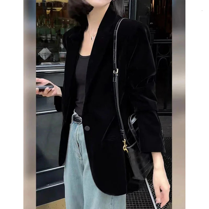 Autumn Black Velvet Womens Blazer Fashion Long Sleeve Single Button Casual Loose Temperament Suit Top Female Outerwear 250213