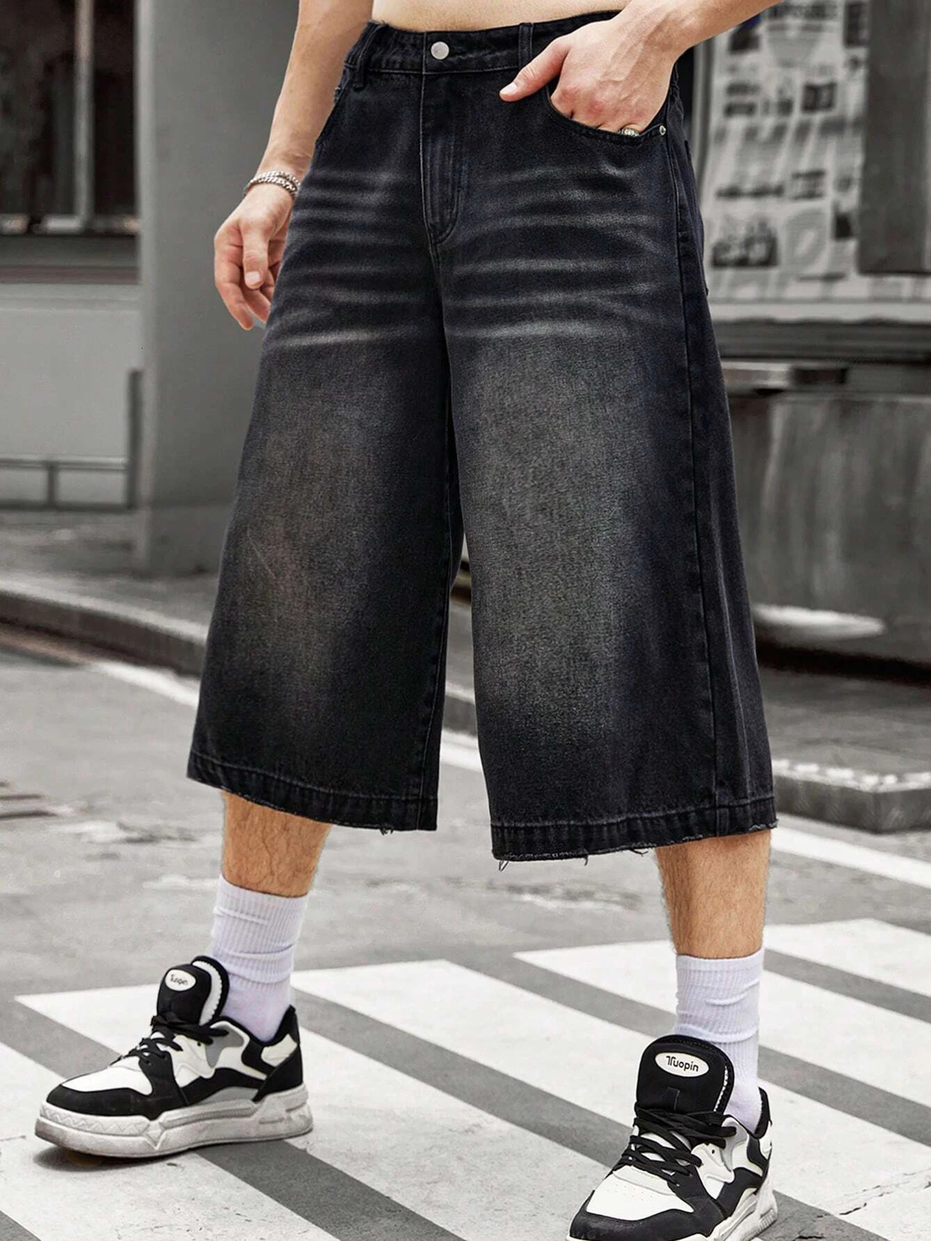 ReddaChic Men Streetwear Baggy Jorts Low Waist Cropped Black Jeans Distressed Y2k Casual Wide Pants Denim Shorts Male Trousers 250222