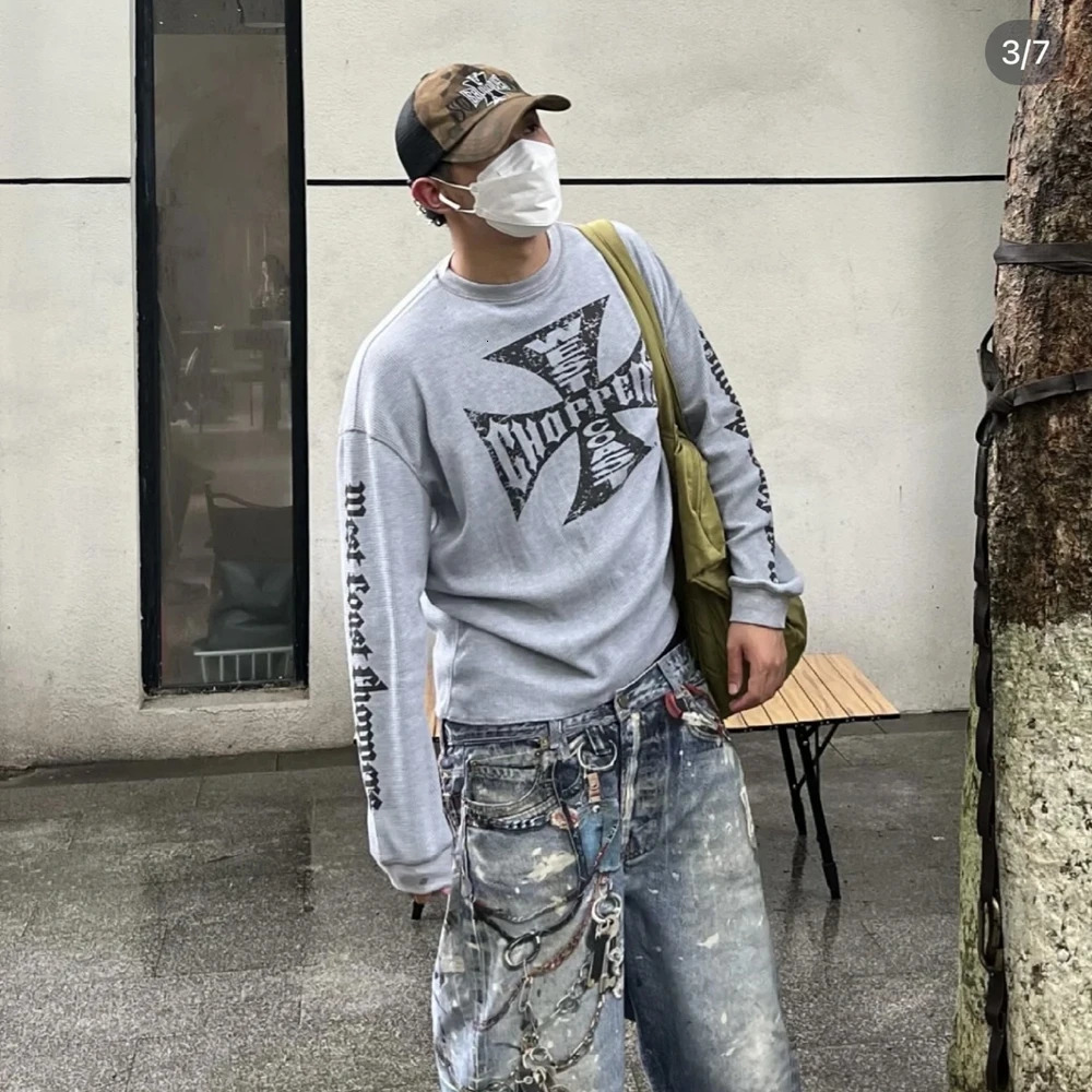Yao888 Vintage Loose Streetwear HipHop Sanskrit Print Tee Long Sleeve Oversize Y2k High Quality Fashion T Shirt For Men 250221