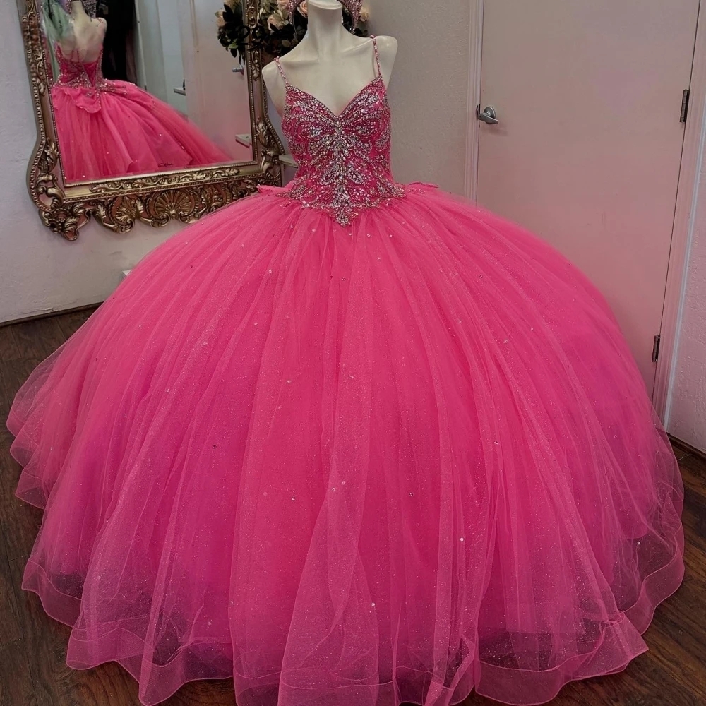 2025 Sparkly Crystals Beaded Quinceanera Dresses Hot Pink Spaghetti Ball Gown Vestido De 15 Anos Back Bow Corset Princess Sweet 16 Dress