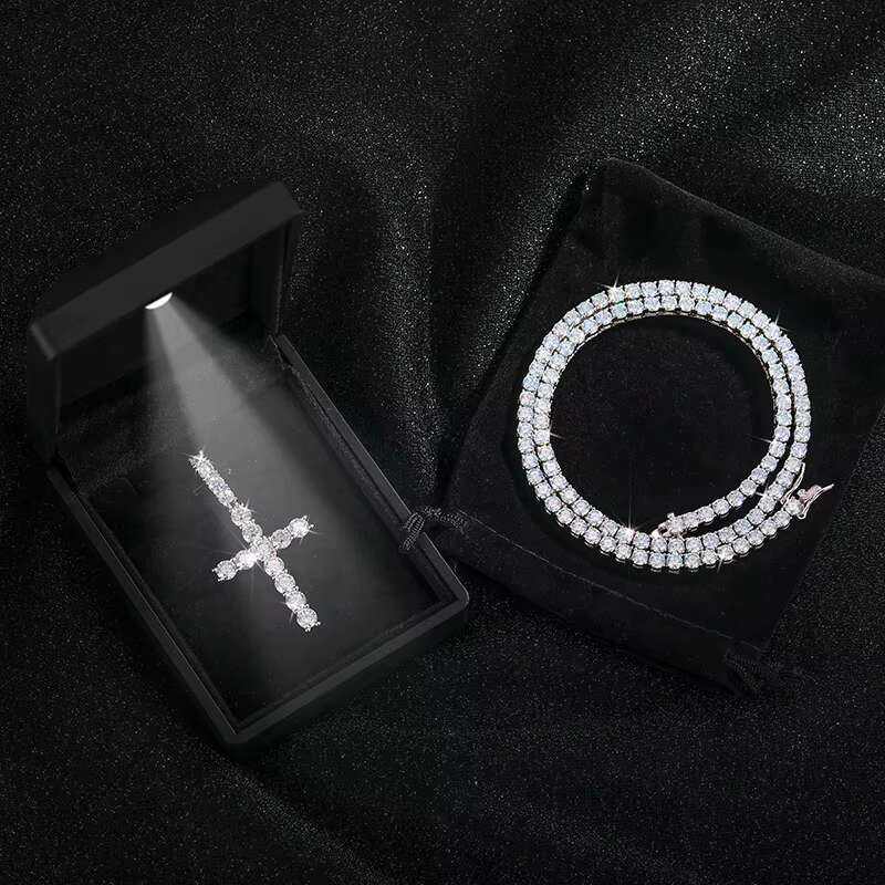 Pass Tester Sterg Sier VVS Moissanite Dia Ankh Cross Pendant 4mm Tennis Chain Necklace Jewelry Set