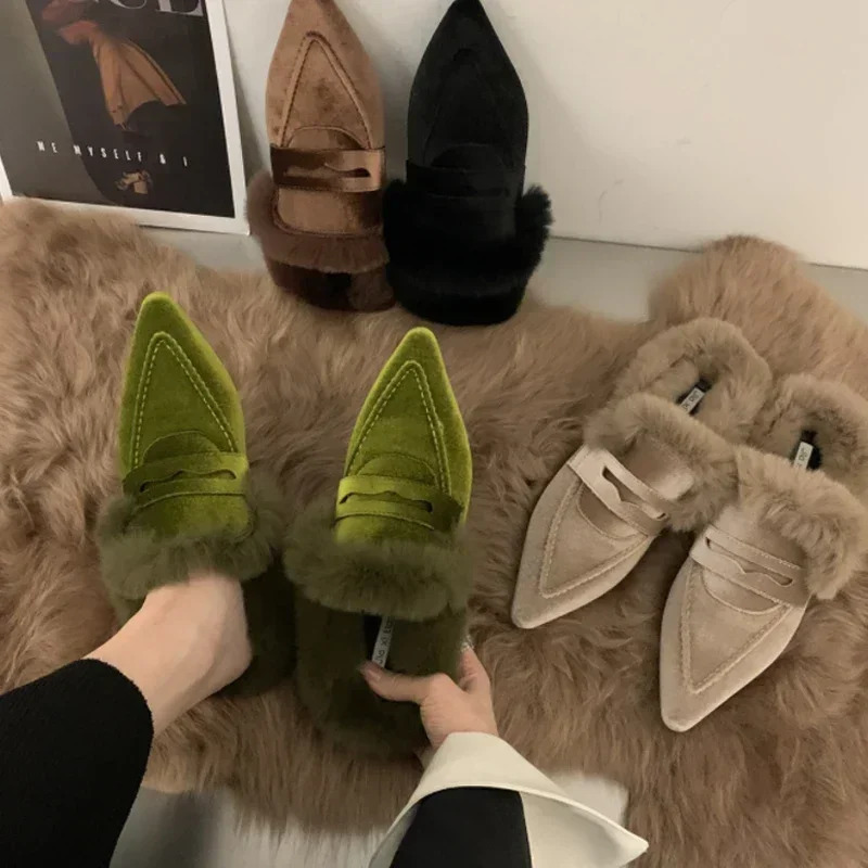 Women Velvet Mules Pointy Toe Slipon Fur Sandals Ladies n Outdoor Furry Slides Evening Party Heeled Shoes 250218