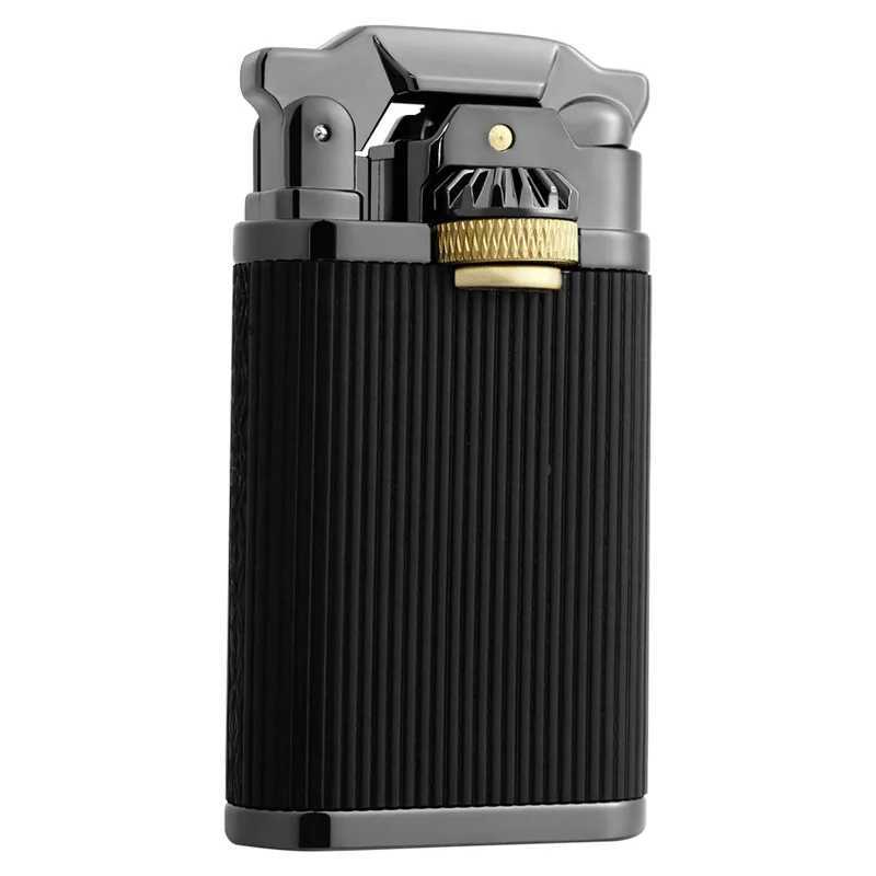 Vintage Mechanical Leather Butane Gas Lighter Metal Blue Flame Torch Spray Lighter Outdoor Windproof Portable Cigar Lighter Y250222