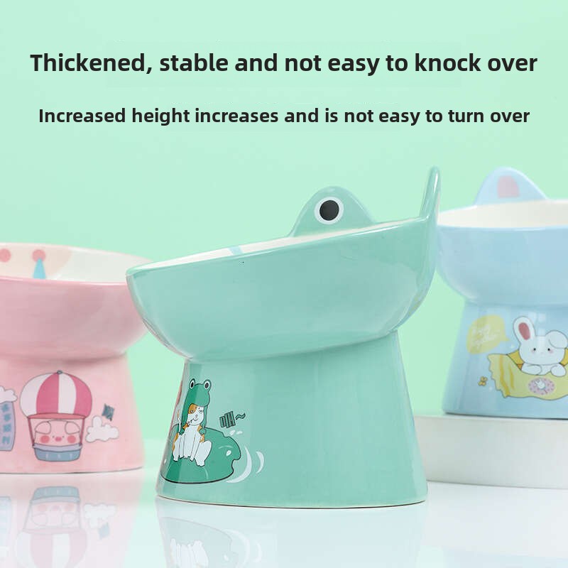 Animal shaped Frog High footed Ceramic Pet Diagonal Mouth Neck Protection Cat Cartoon Pig Rabbit Dog Bowl