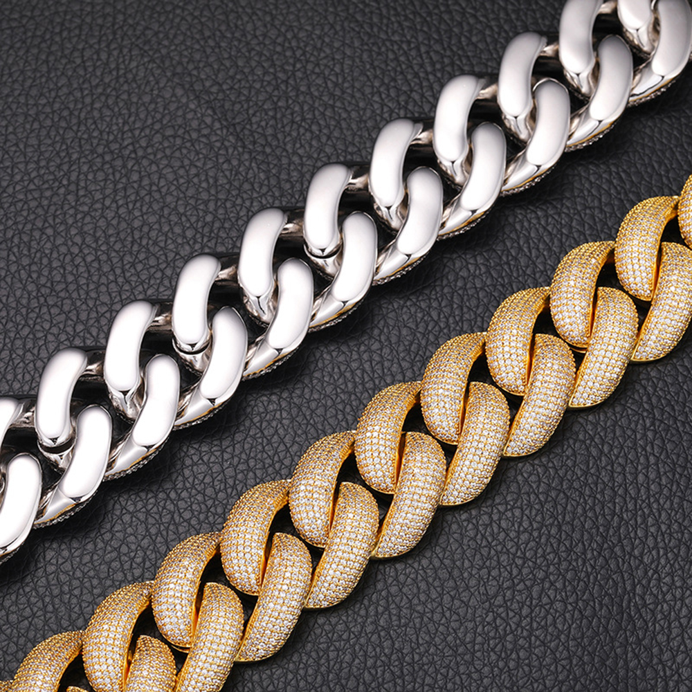 Real Gold Plated Mens Cuban Link Bracelet with Dazzling 5A Cubic Zirconia Stones 25mm Wide Hip Hop Style