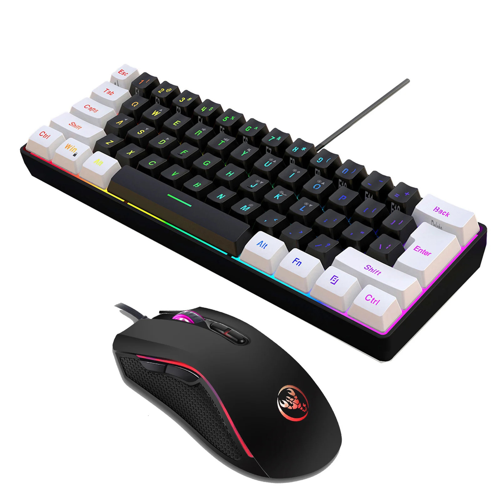 HXSJ V700BW A869 USB keyboard and mouse kit 61 key wired RGB backlit computer color LED lighting 3200DPI gaming 250213