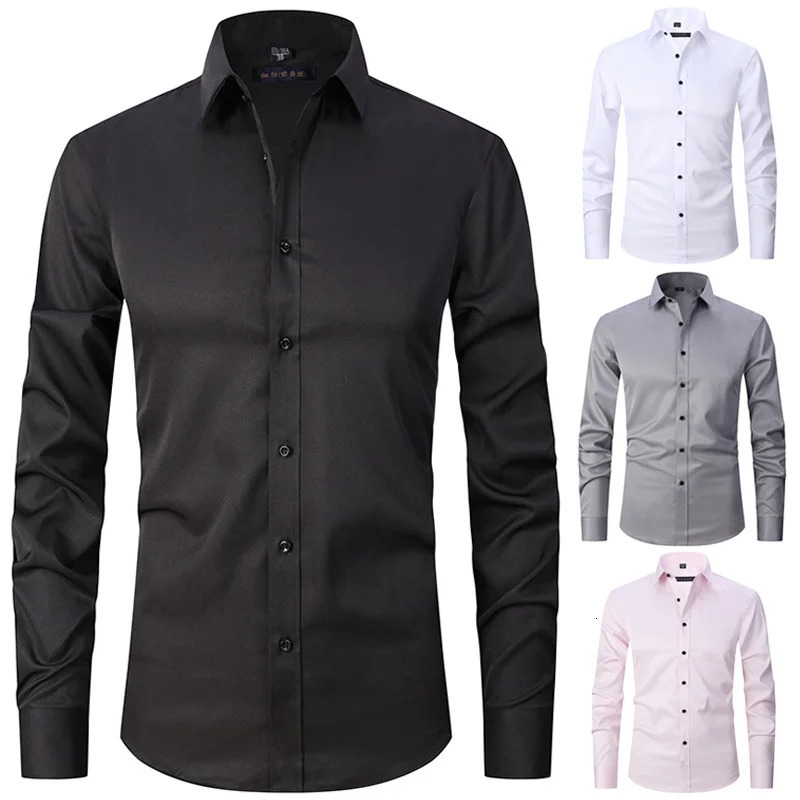 Mens Long Sleeved Slim Fit Elastic Shirt and Non Ironing Black Shirt Mens Solid Color Versatile Business Inch Mens Clothing 250222