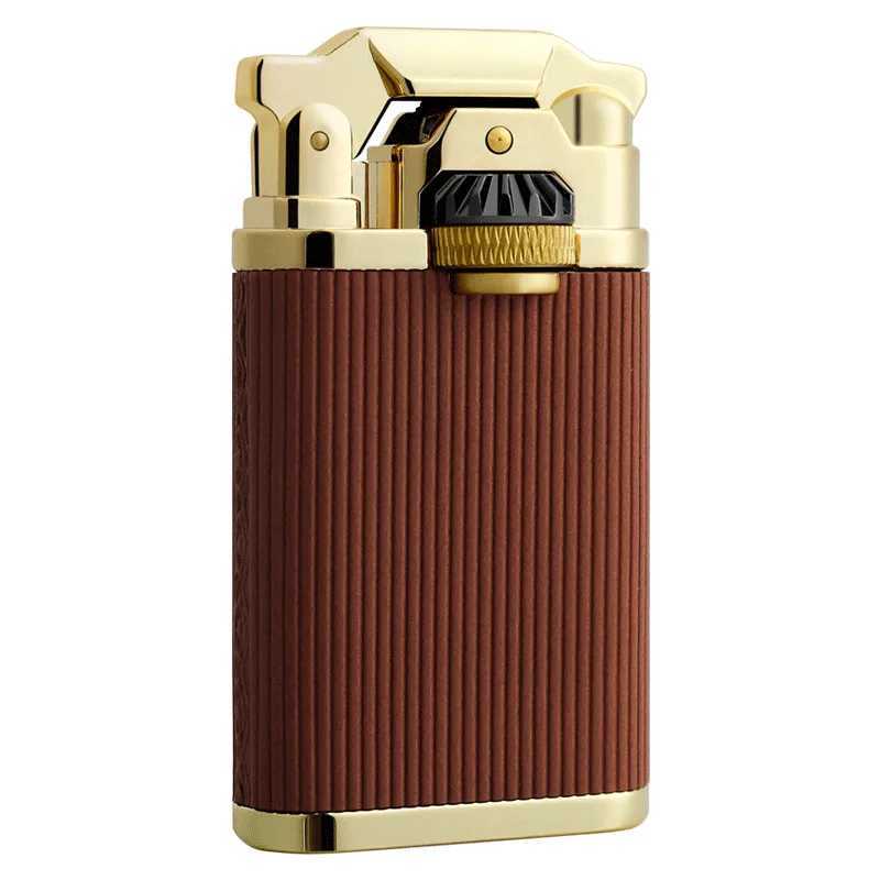 Vintage Mechanical Leather Butane Gas Lighter Metal Blue Flame Torch Spray Lighter Outdoor Windproof Portable Cigar Lighter Y250222