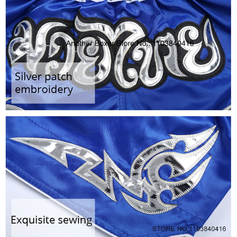 Muay Thai Shorts Retro Men Women Kids Youth Embroidery Thai Boxing Shorts Gym Sports Workout Apparel Martial Arts MMA Pants Blue