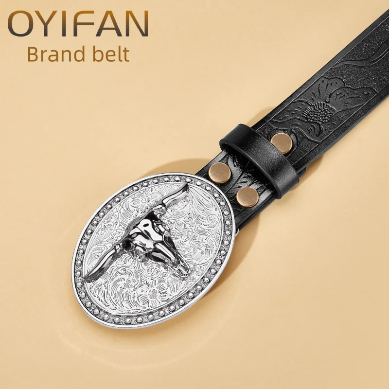 Womens Cowboy Belt Western Leather Buckle Belts Longhorn Bull Pattern Floral Engraved for Men 250213