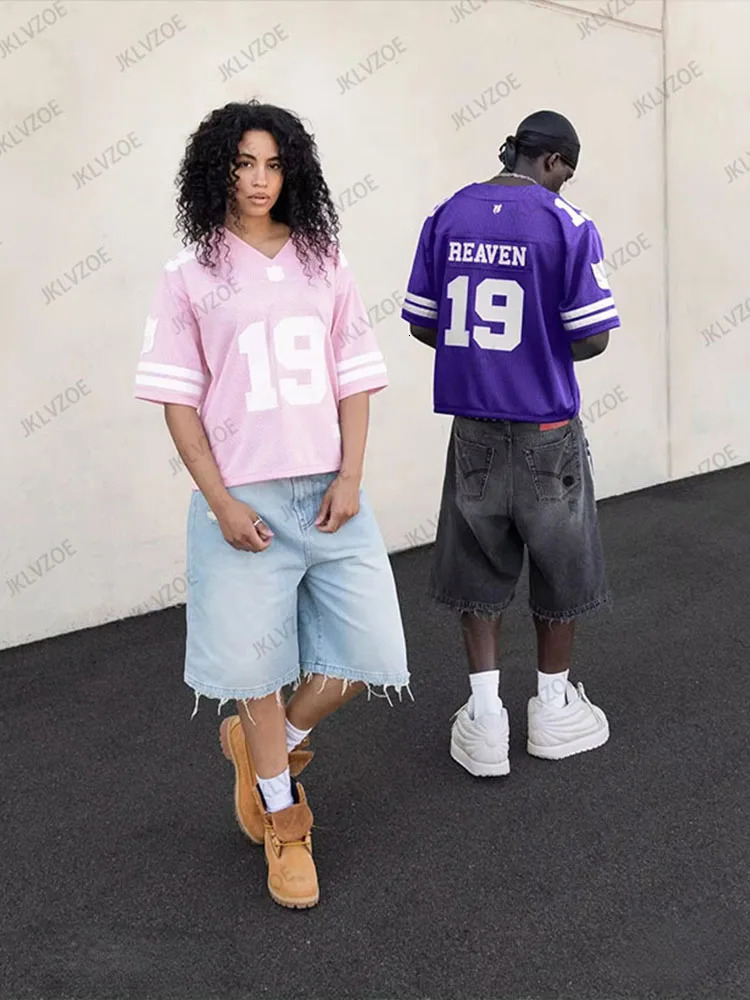 Summer Women Football Jerseys Y2k Casual Loose V-Neck T-Shirts Harajuku Short Sleeve Streetwear Breathable Unisex Tops 250222