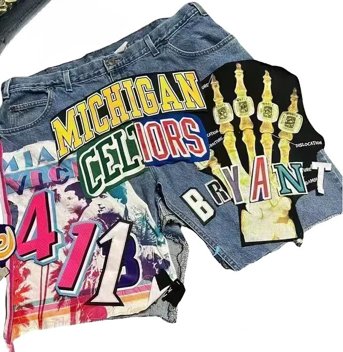 Hip Hop Gothic Patchwork Y2K Denim Shorts Mens Womens Harajuku Baggy Sweatpants High Waist Casual Gym Shorts Streetwear 250222
