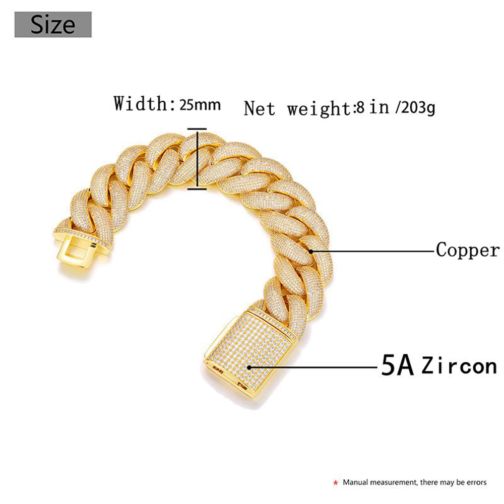 Real Gold Plated Mens Cuban Link Bracelet with Dazzling 5A Cubic Zirconia Stones 25mm Wide Hip Hop Style