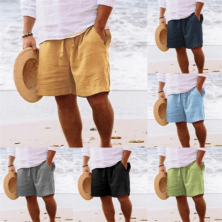 Men's Shorts Summer New Fashion Designer Pants Cotton And Linen Drawstring Elastic Waistband Straight Leg Solid Color Breathable Beach Five Point
