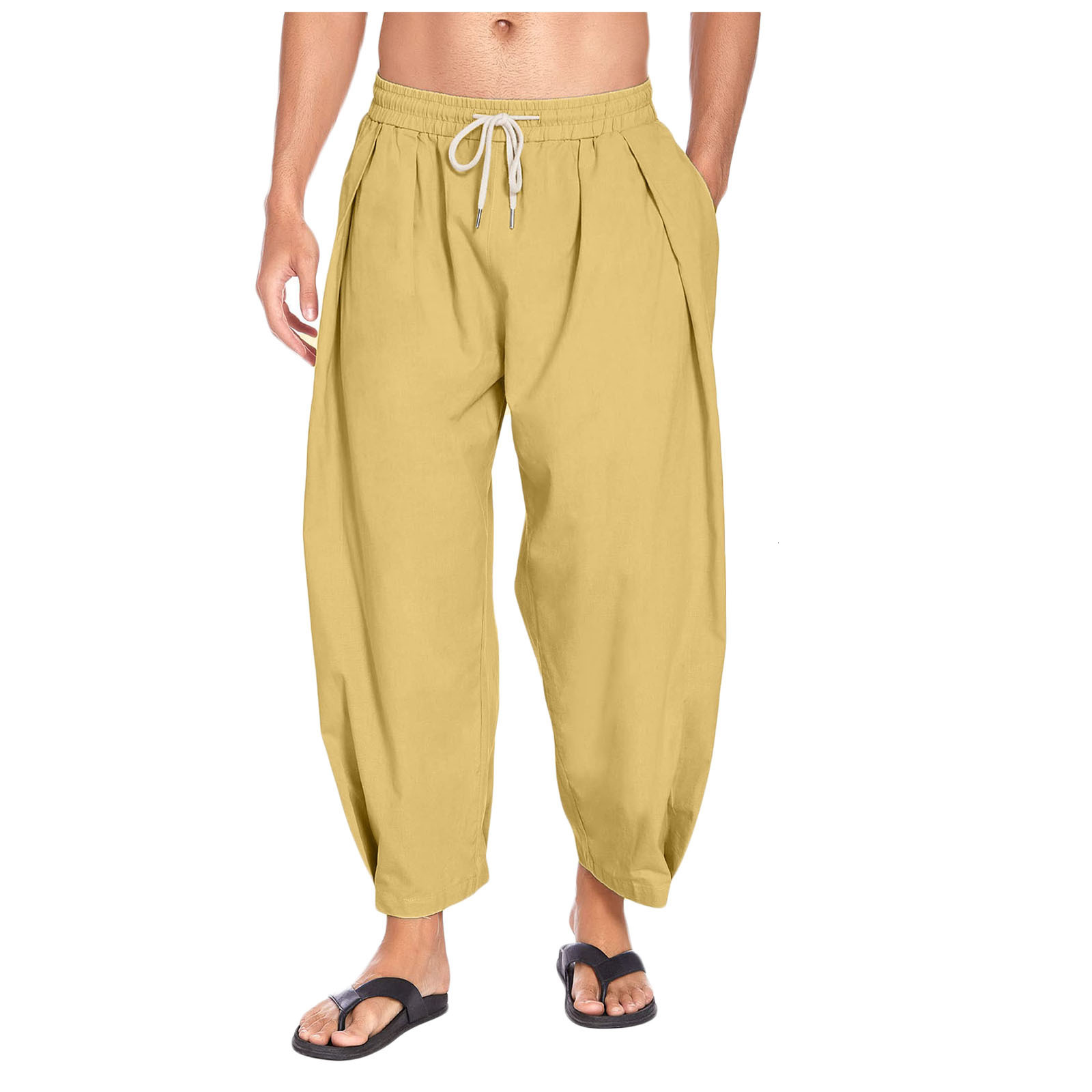 2025 Men's New Designer Cotton And Linen Halan Pants With Drawstring Casual Cropped Pants Lightweight Loose Breathable Beach Yoga Pants With Cuff