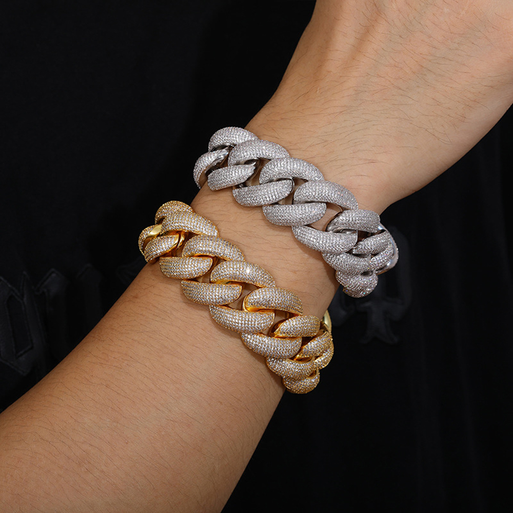 Real Gold Plated Mens Cuban Link Bracelet with Dazzling 5A Cubic Zirconia Stones 25mm Wide Hip Hop Style