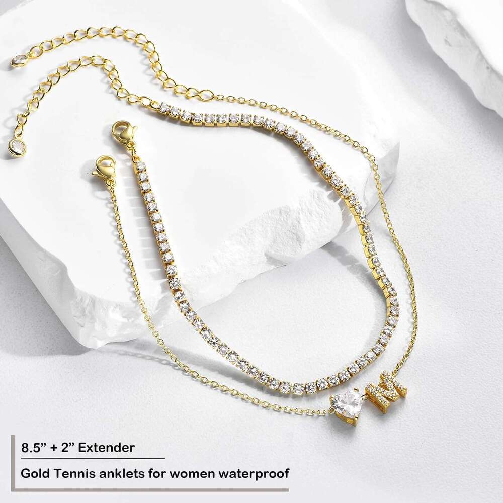 Initial Bracelets Waterproof 14K Gold Filled Layered Non Tarnish Women's Adjustable Letter Anklets for Women Large Ankle Summer Beach Foot Jewelr