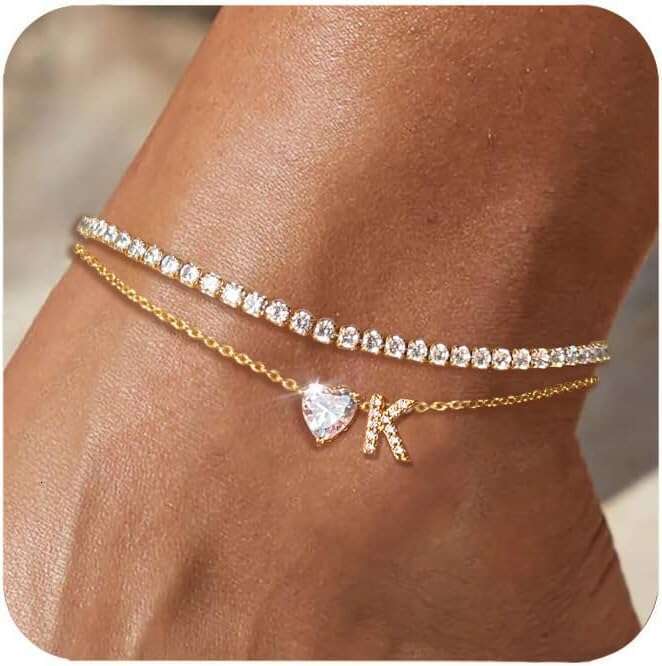 Initial Bracelets Waterproof 14K Gold Filled Layered Non Tarnish Women's Adjustable Letter Anklets for Women Large Ankle Summer Beach Foot Jewelr